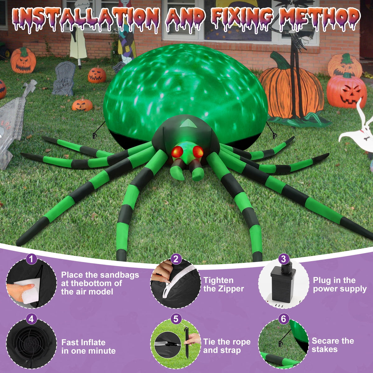 Yexmas 8FT Halloween Inflatables Outdoor Decorations Giant Spider Decorations with LED Lights and Air Pump Blow up Inflatable, Red