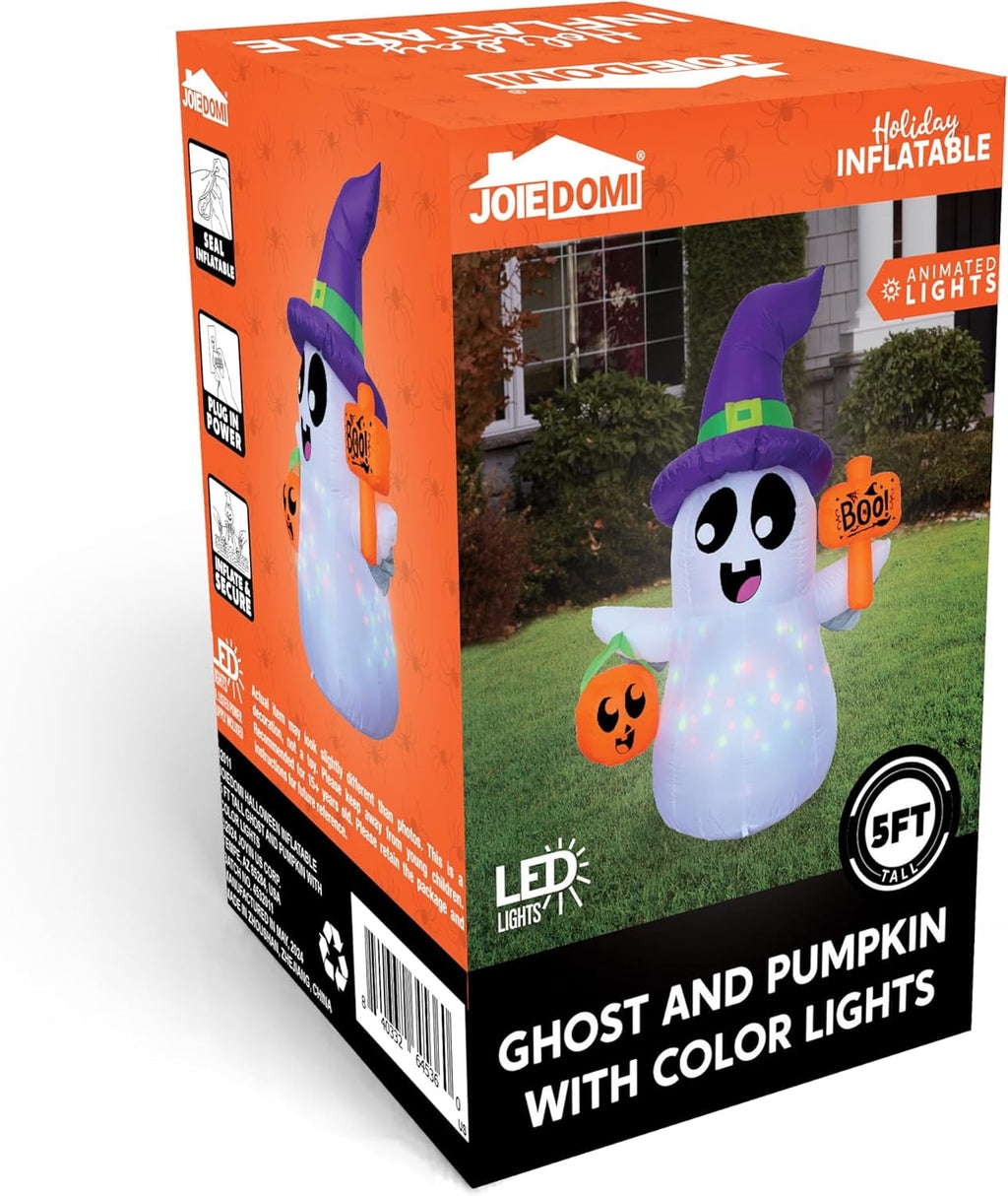 Joyfy 5Ft Halloween Inflatable Pumpkin Ghost with Colorful LED Lights,Halloween Blow Up Cute Decor for Indoor Outdoor Holiday Yard Decoration