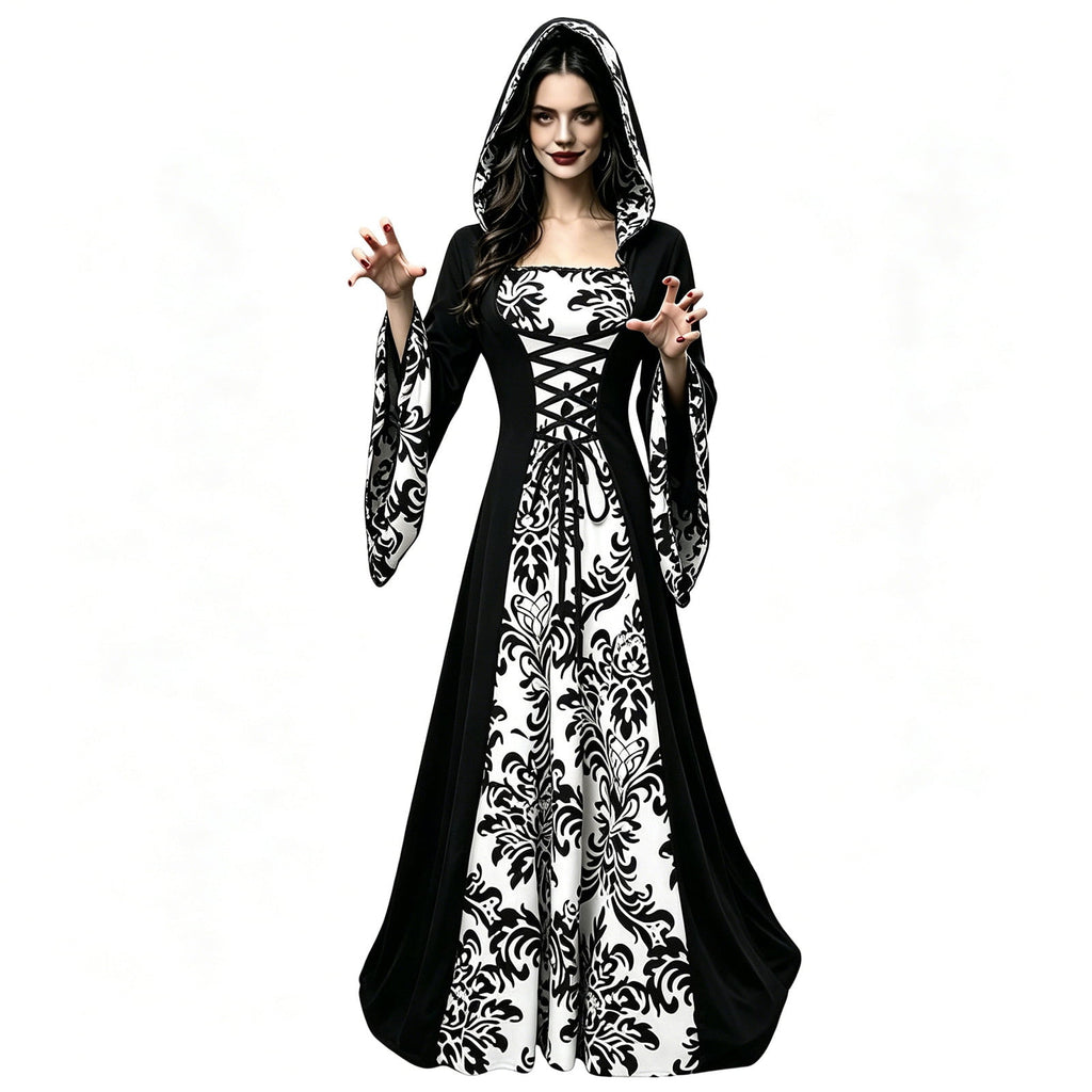 KICILVS Witch Costume Women Hooded Gothic Robe Corset Waist Bell Sleeve Maxi Length Damask Print Vampire Cloak Outfit White