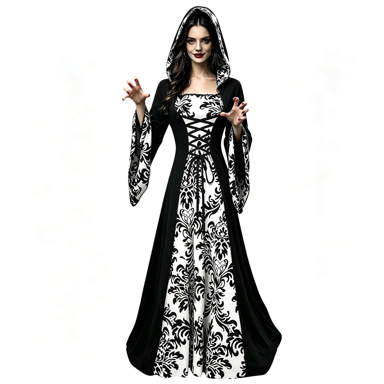 KICILVS Witch Costume Women Hooded Gothic Robe Corset Waist Bell Sleeve Maxi Length Damask Print Vampire Cloak Outfit White