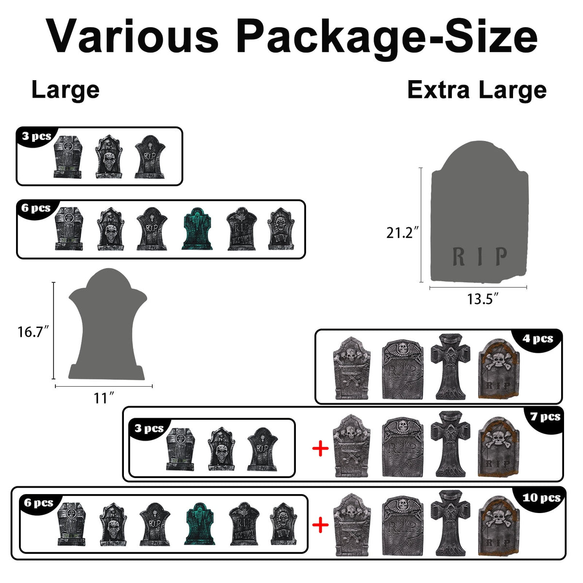 Gamexcel 3-Pack Large 17" Halloween Foam RIP Tombstones with Stakes - Graveyard Lawn Decorations for Spooky Haunted House Decor