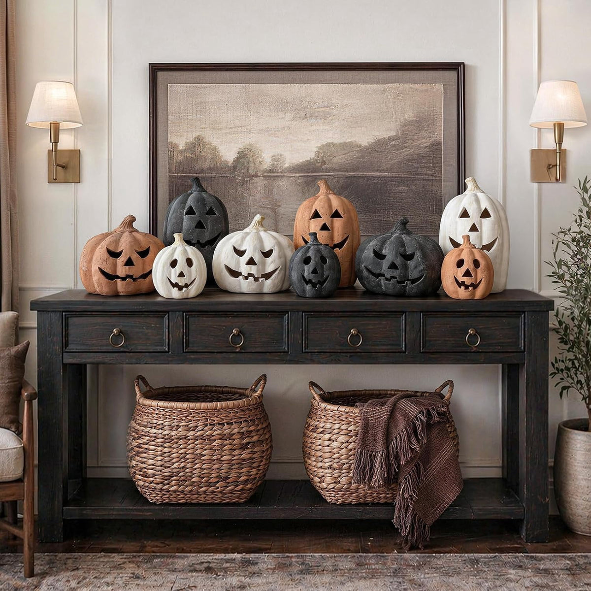 Fall Decorations for Home - Halloween Decor Indoor - 7.87" H White Handmade Resin Pumpkin Jack O' Lantern with Flameless Candle - Outdoor Decoration for Front Door Porch Mantel Kitchen Living Room
