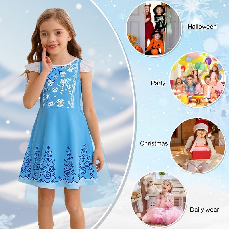 Benylion Girls Ice Princess Dress Halloween Cosplay Costumes With Tulle Cape Kids Birthday Party Dress up Outfit for 7-8 Years