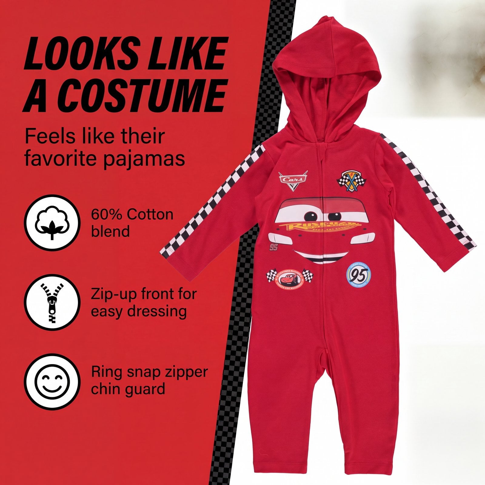 Disney Cars Toddler Boy or Girl Cosplay Hooded One Piece McQueen Red