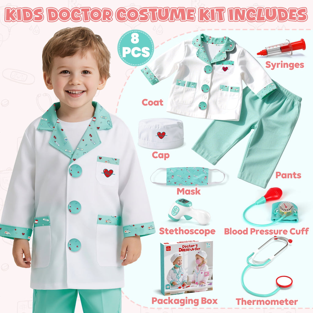 Doctor Costume Set for Kids, Pretend Play Doctor Dress up Clothes with Medical Accessories, Kids Doctor Costume Set Toy for Age 3 4 5 6 Boys Girls - Pink(110cm*3.6in)