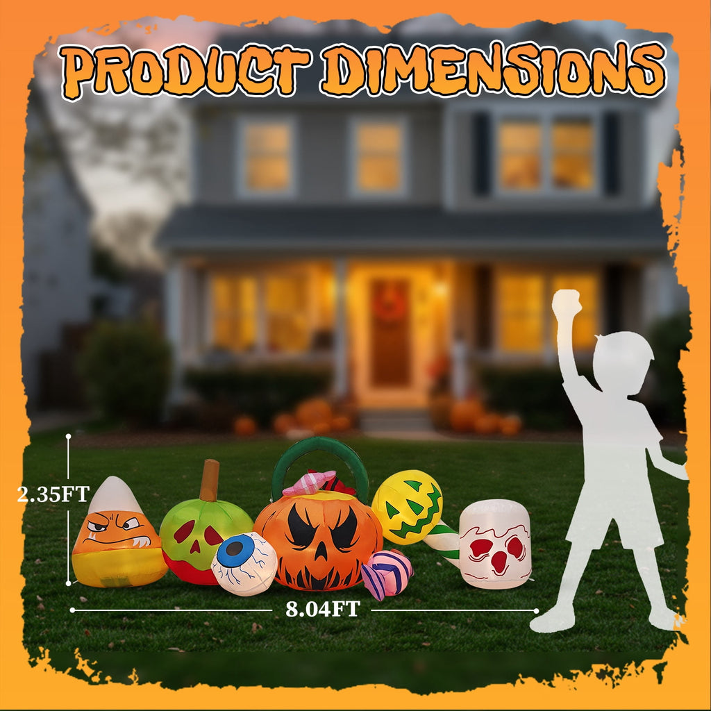 8FT Long Halloween Inflatables Pumpkins Eyeball Candy Outdoor Decorations, Blow Up Yard Decoration with Built-in LEDs Lighted for Lawn Garden Outside Indoor Decor