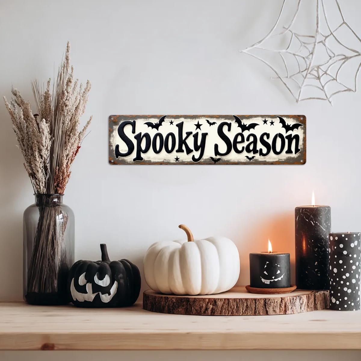 Spooky Season Metal Tin Sign Vintage Halloween Wall Decor 4x16 Inch Farmhouse Style Decorative Plaque for Living Room Entryway and Party