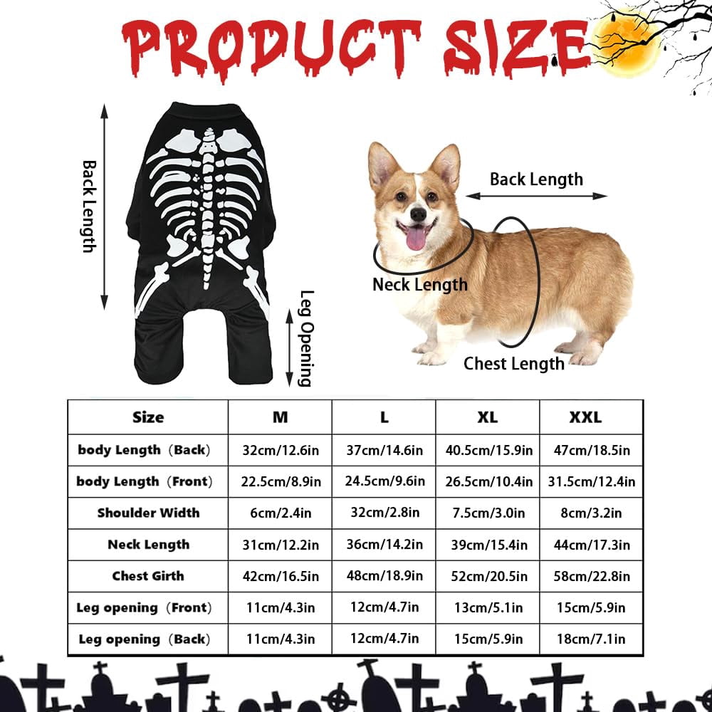 WILLED Halloween Skeleton Costume for Dogs and Cats, Pet Skeleton Jumpsuit Cosplay for Small Medium Large Dogs, Dress Up Apparel