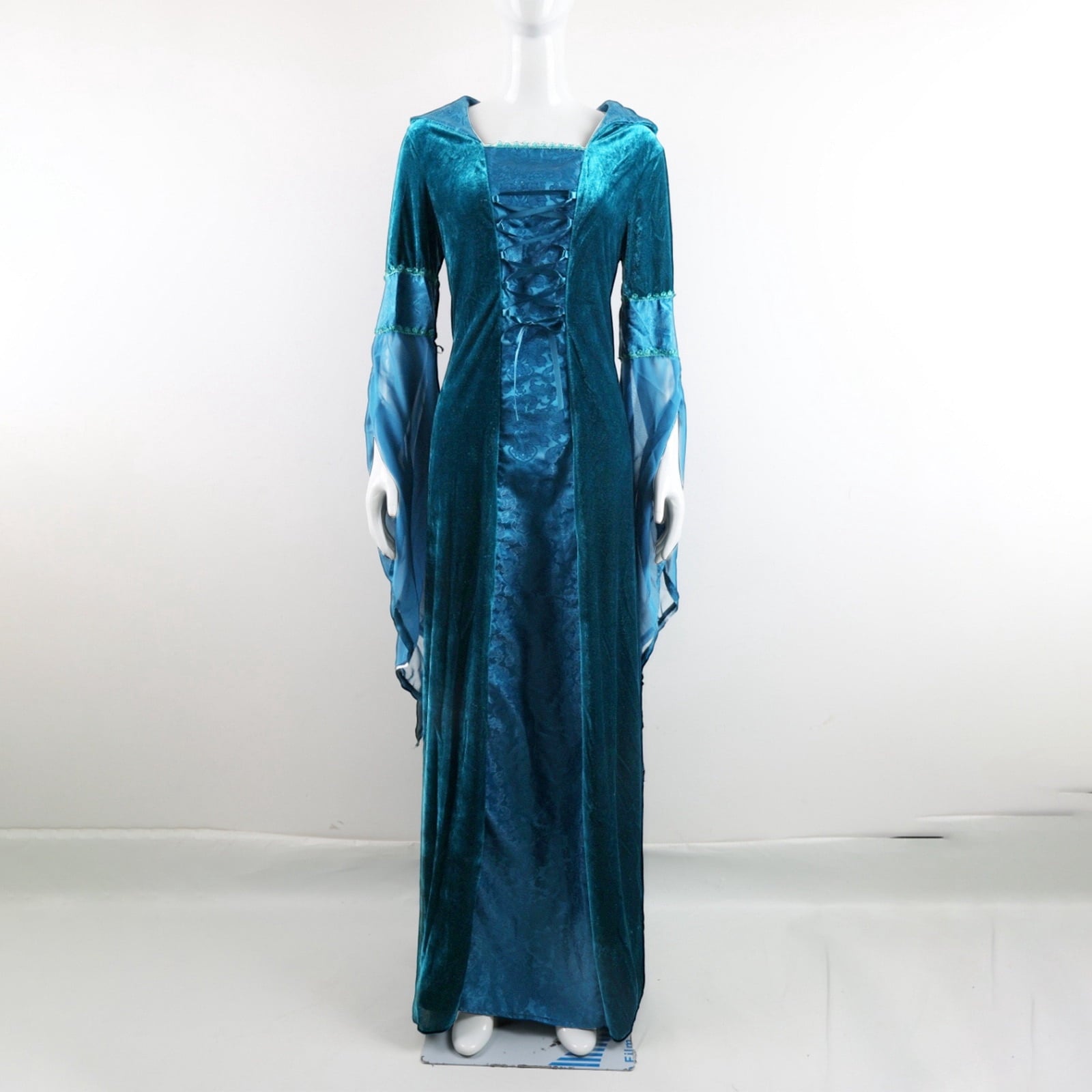 Medieval Renaissance Hooded Dress for Women, Silver Gothic Witch Costume with Lace-Up Corset, Vintage Velvet Long Sleeve Gown for Halloween Cosplay Renaissance Wedding Themed Party-Dark Blue/L
