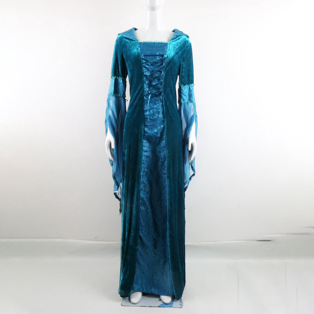 Women Gothic Cold Shoulder Midi Dress, Sheer Flare Bell Sleeve Front Corset Irregular Witch Costume Dress, Adult Halloween Dark Aesthetic Vintage Formal Evening Cosplay Party Outfit(Navy-2/M)