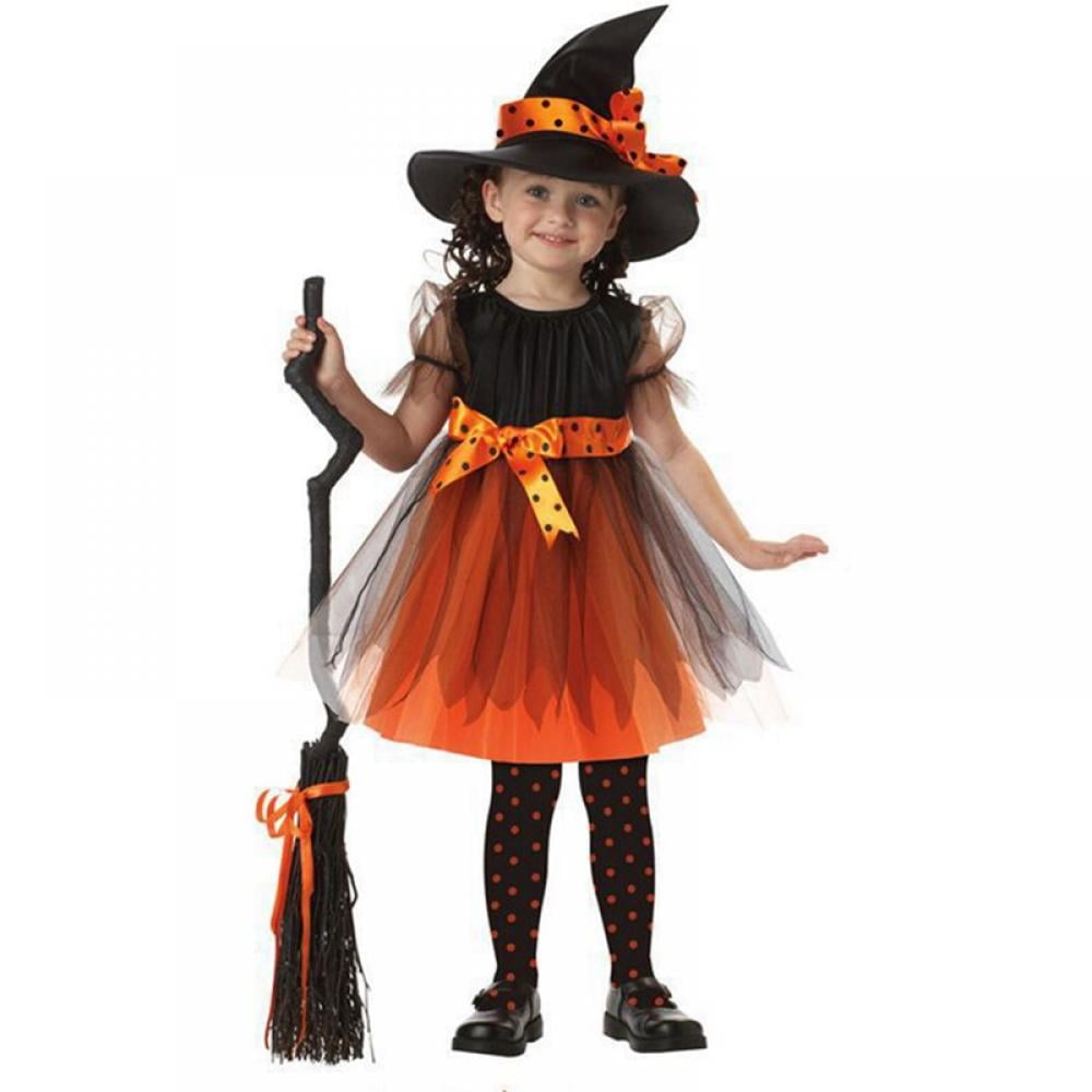Xinhuaya 3-13T Halloween Witch Costume Set Dress Hat Broom Tutu Skirt for Halloween Cosplay Party