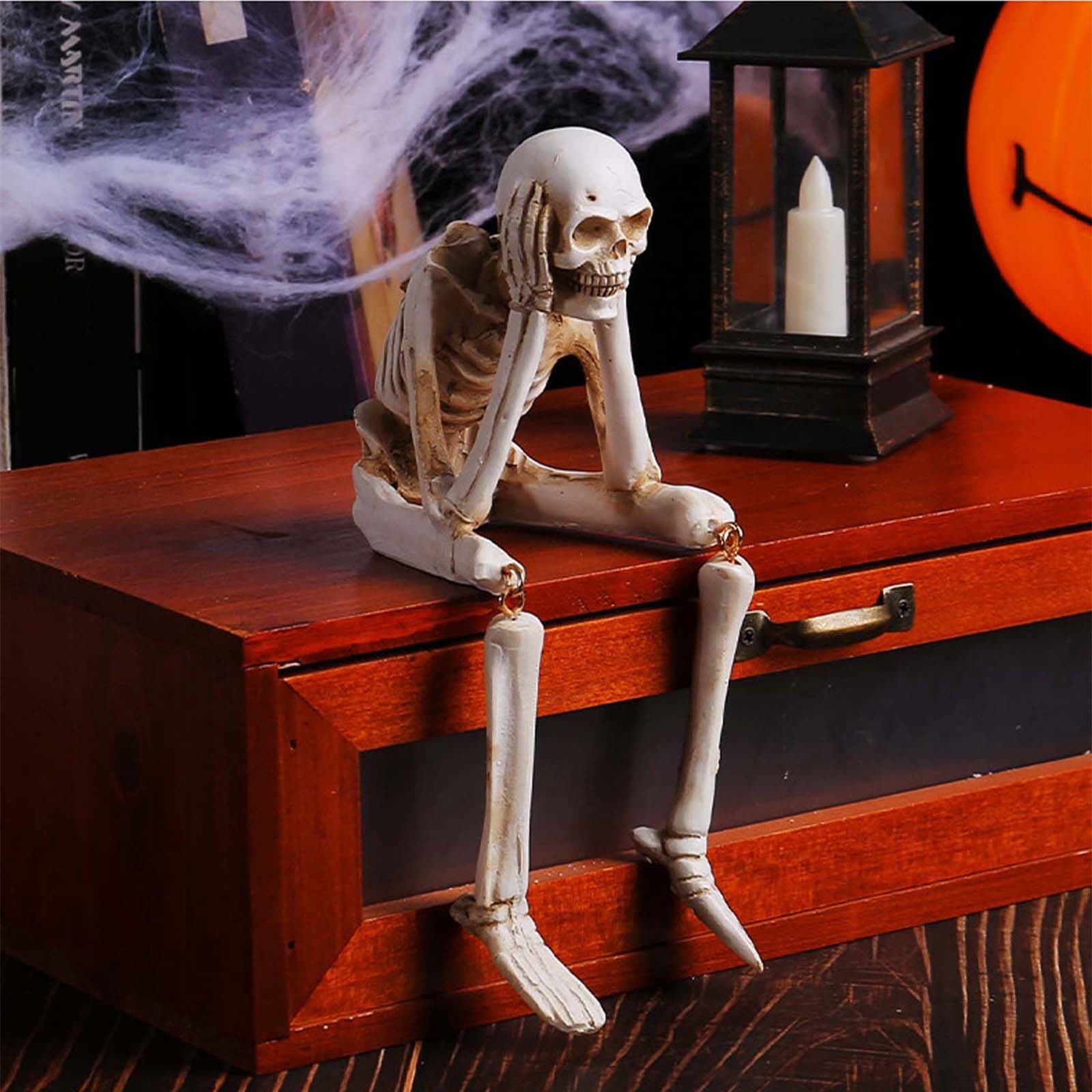 Halloween Decor Skeleton Statue Figurines Skull Decor See No Evil Hear No Evil Speak No Resin Skeleton Shelf Sitters Sitting Figurines for Home Kitchen Party Decor Table Ledge Edge Decorative (C)