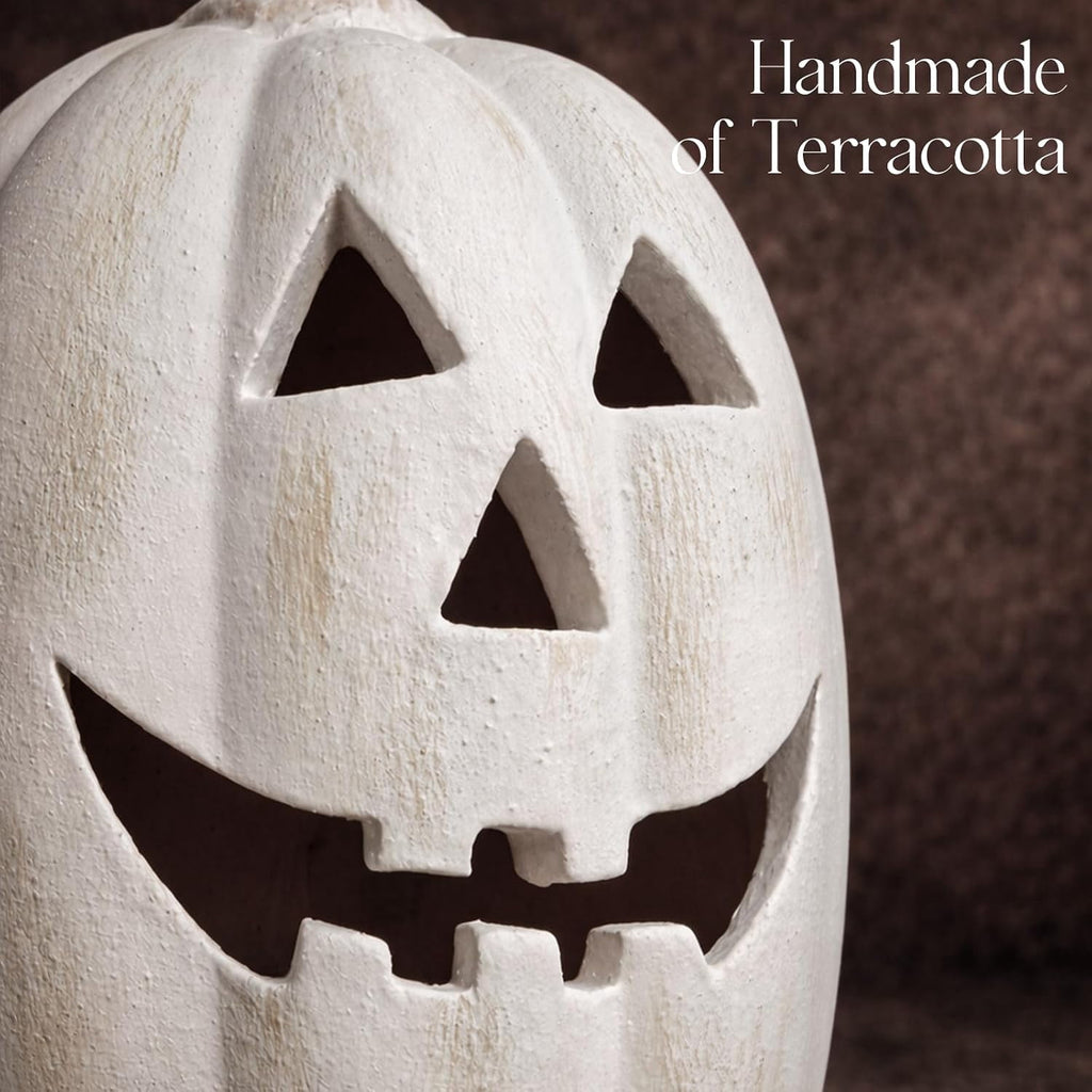 Fall Decor - Halloween Decorations - 5.9"H White Handmade Resin Pumpkin Jack O' Lantern with Flameless Candle - Outdoor Indoor Autumn Decoration for Table Centerpieces Porch Room Front Door
