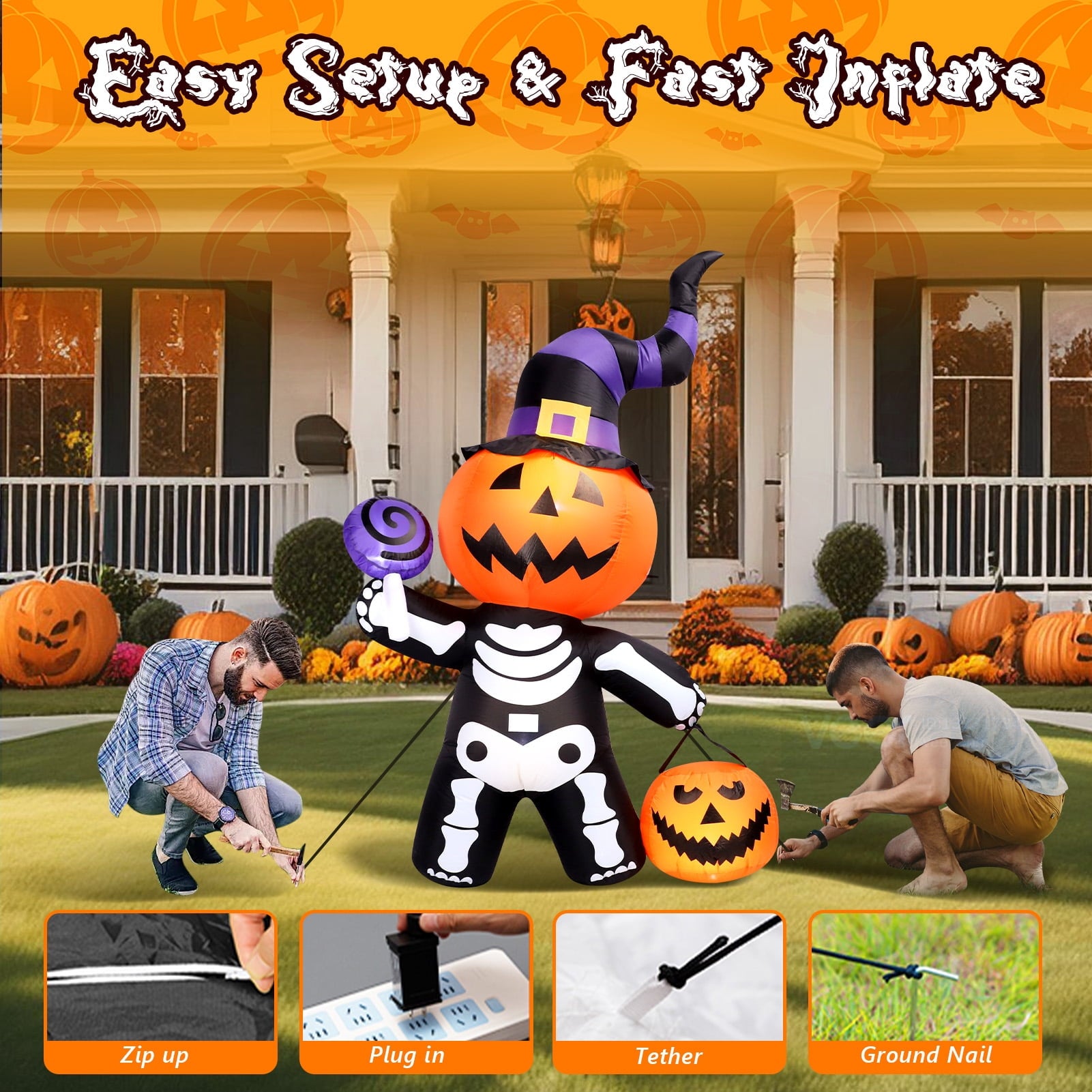 6 FT Halloween Inflatables Stacked Pumpkins Ghost with Build-in LEDs for Porch,Halloween Pumpkin Decor Blow up Yard Decorations