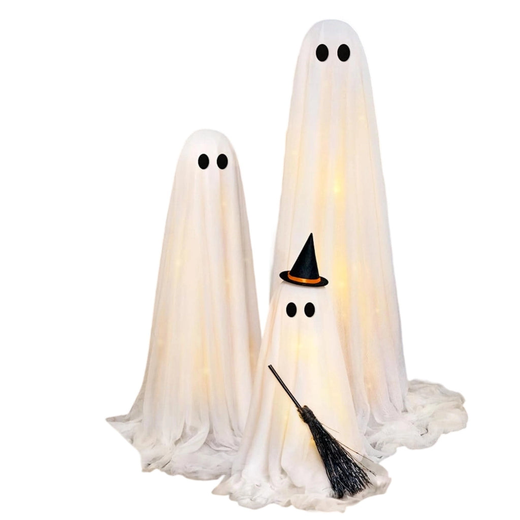 GoLucid 3 Pack Light Up Ghost Family Halloween Decorations with Remote, Adjustable Glowing Ghost Trio with Witch Hat & Broom for Yard Porch Decor