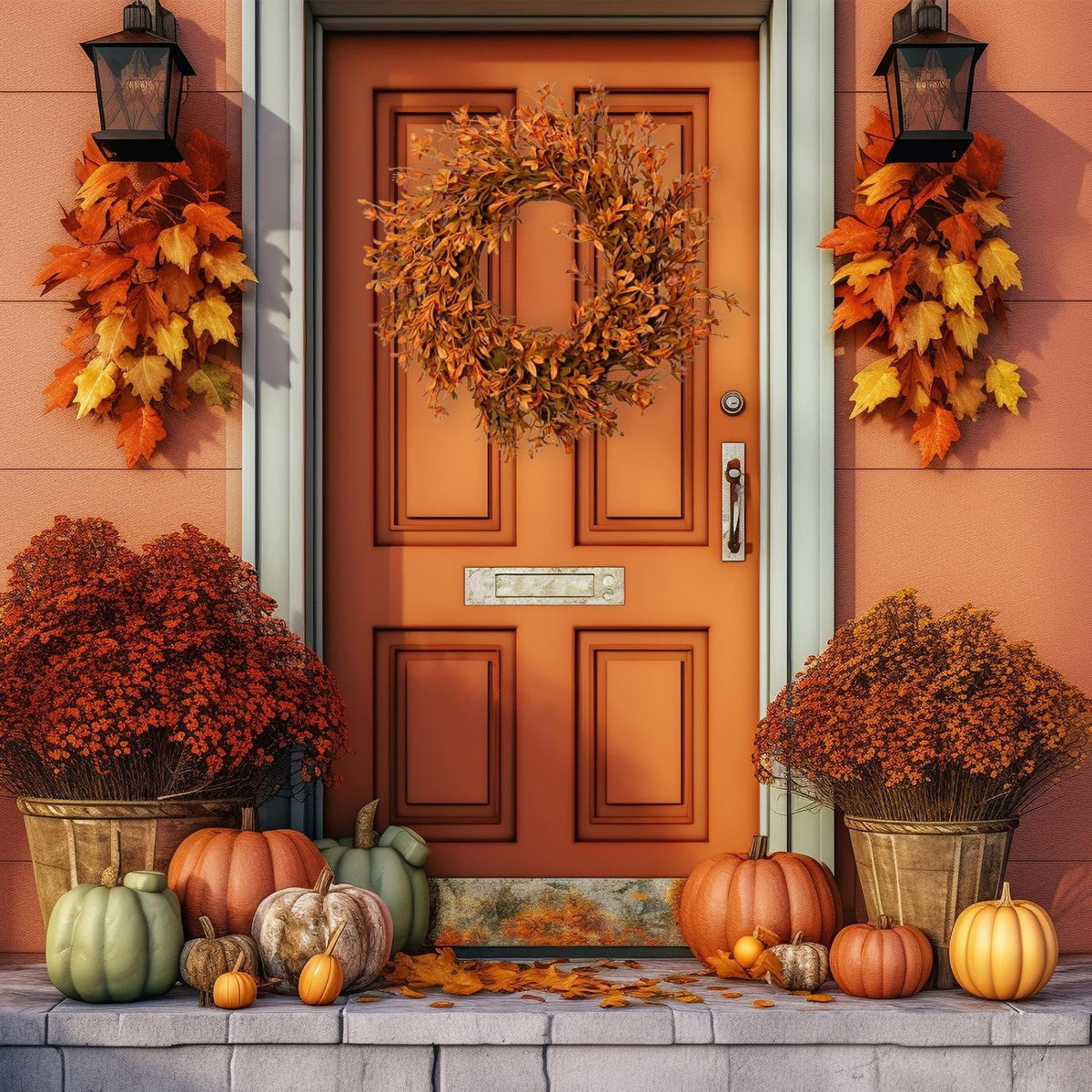 OKKVV Artificial Orange Fall Leaf Front Door Wreath, Rustic Autumn Foliage Twig Wreath, Harvest Thanksgiving Halloween Farm Window Wall Hanging Decor