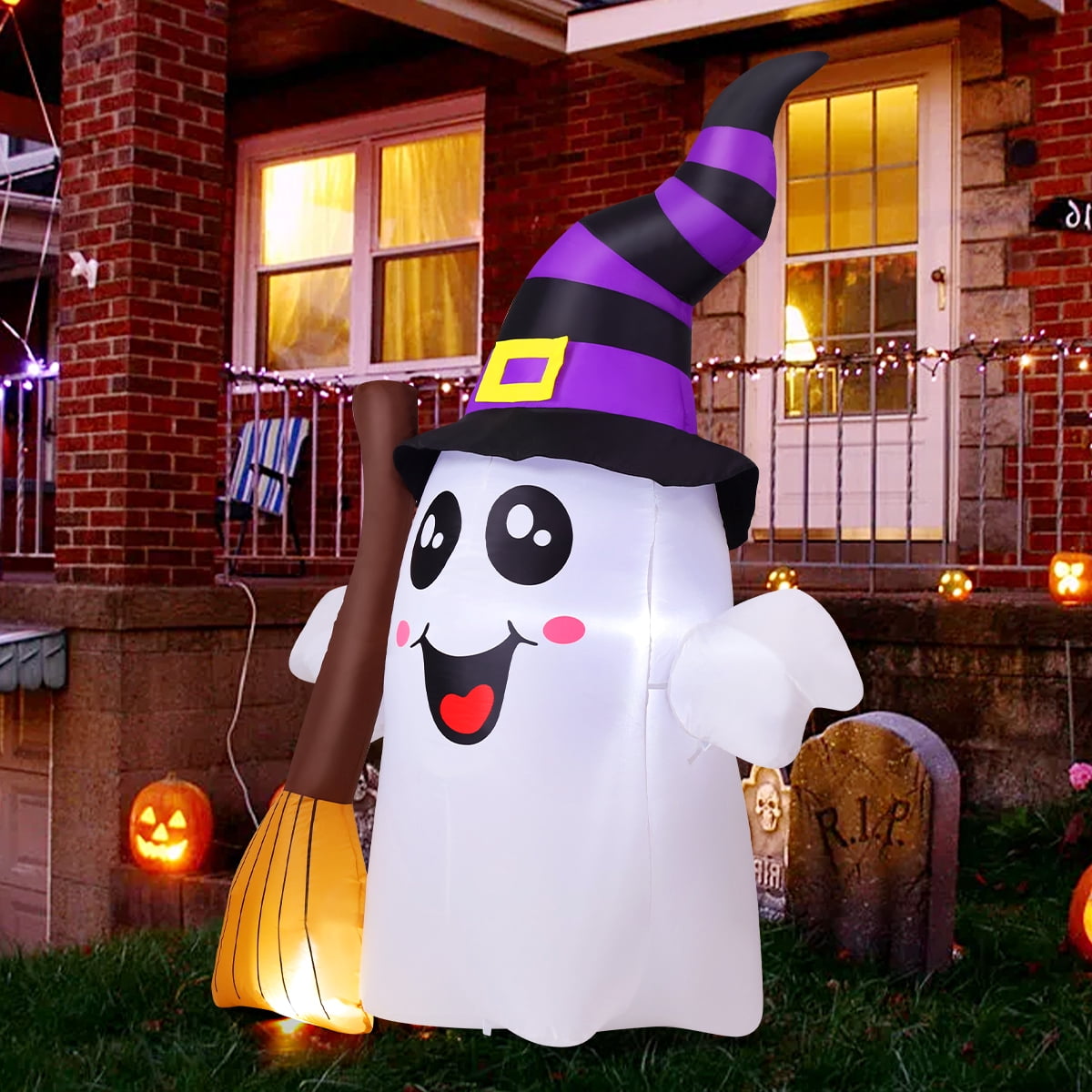 GOOSH Halloween Inflatables 6 FT Halloween Ghost Inflatable Grasping Broom with LED Lights, Blow up Ghost Cute Inflatable Ghost, Outdoor Halloween Decorations for Holiday Party Indoor Outdoor