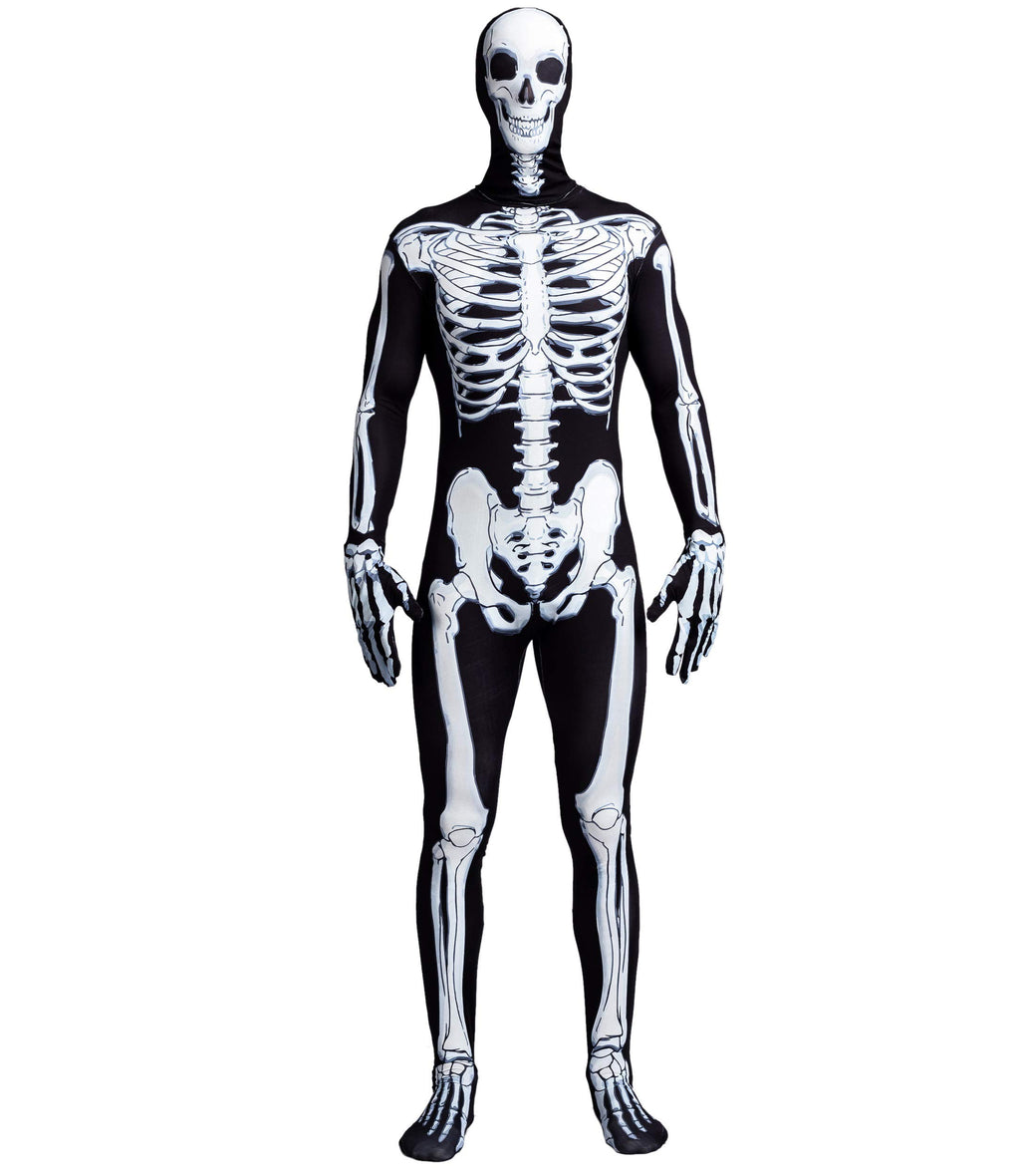 Joyfy Skeleton Costume for Adults, Skeleton Bone Bodysuit Halloween Costumes for Men with Skeleton Hood Mask, Halloween Party Fancy Dress-up