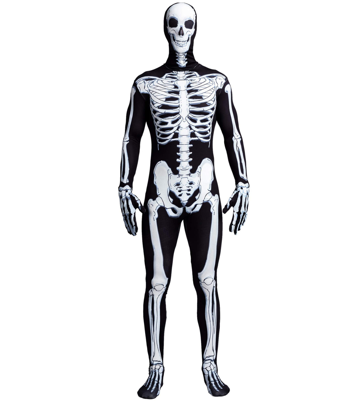 Joyfy Skeleton Costume for Adults, Skeleton Bone Bodysuit Halloween Costumes for Men with Skeleton Hood Mask, Halloween Party Fancy Dress-up