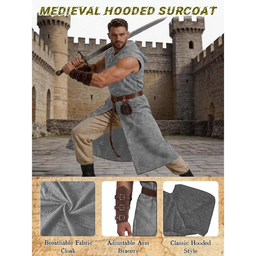 Men's Medieval Vintage Viking 5-Piece Cosplay Costume Set Sleeveless Hooded Cape Belt and Bracers for Halloween
