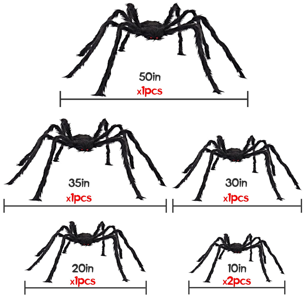 Halloween Spider Decorations, 6 Pcs Realistic Hairy Spiders Set, Scary Spider Props for Indoor, Outdoor and Yard Creepy Decor(50", 35", 30", 20", 12", 12")