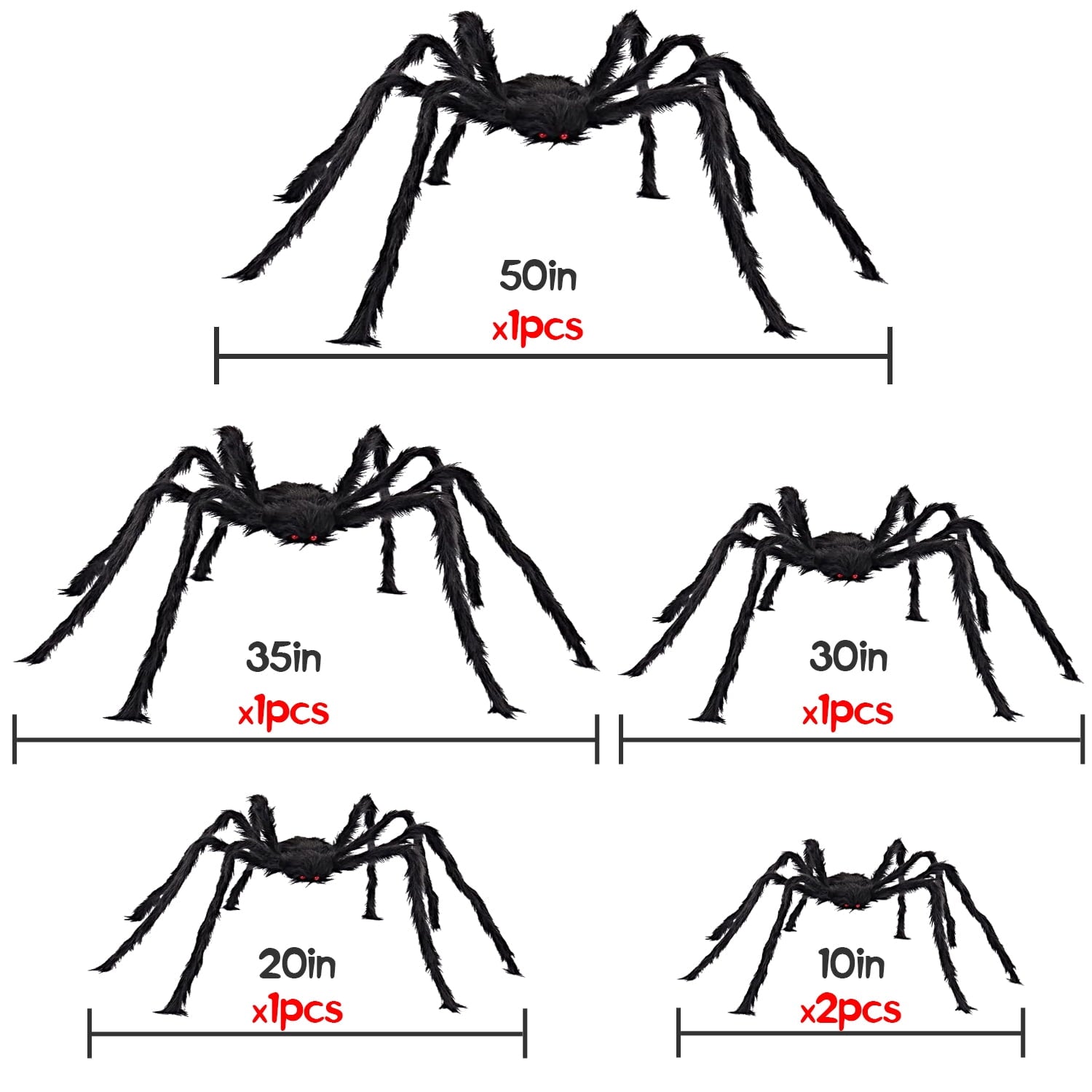 Halloween Spider Decorations, 6 Pcs Realistic Hairy Spiders Set, Scary Spider Props for Indoor, Outdoor and Yard Creepy Decor(50", 35", 30", 20", 12", 12")
