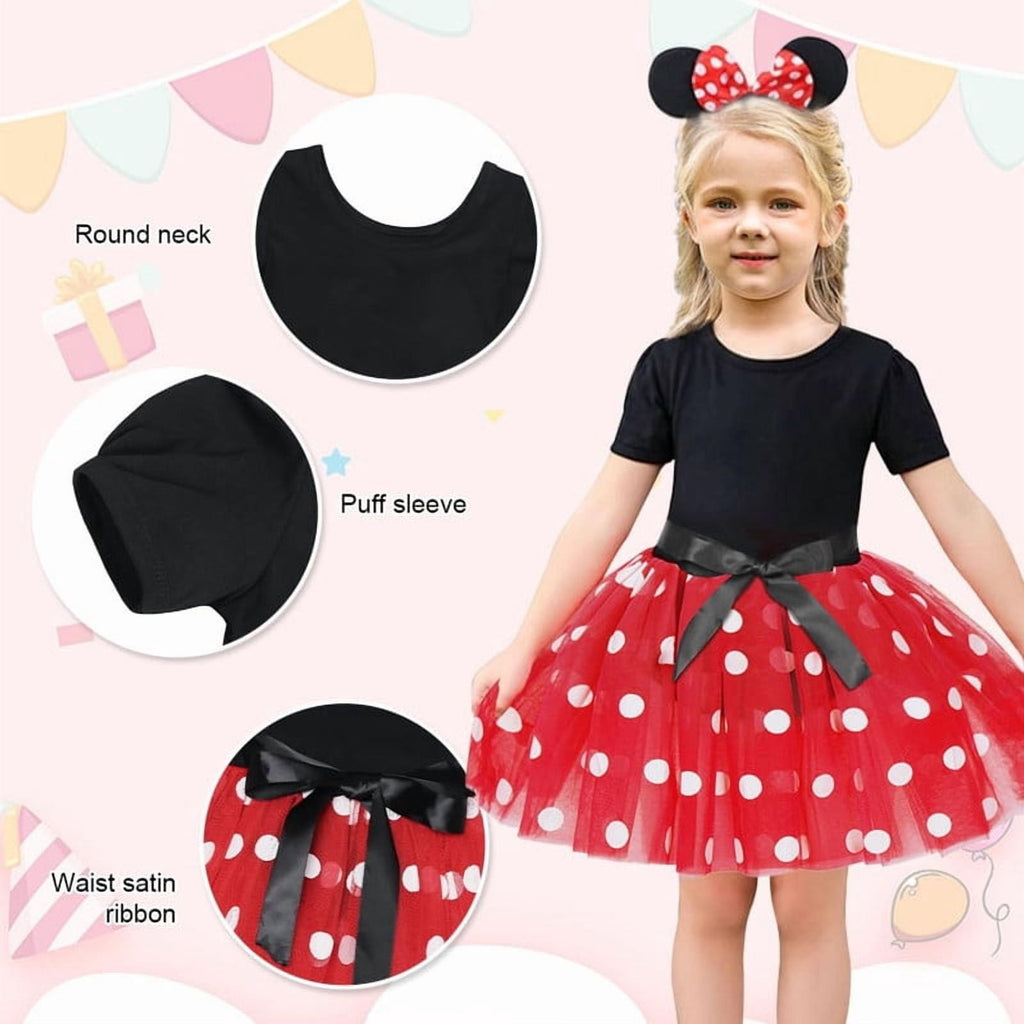 Jurebecia Girls Red Polka Dot Tutu Dress with Bow Headband, Baby Toddler Party Costume for Birthday & Cosplay (110 cm)
