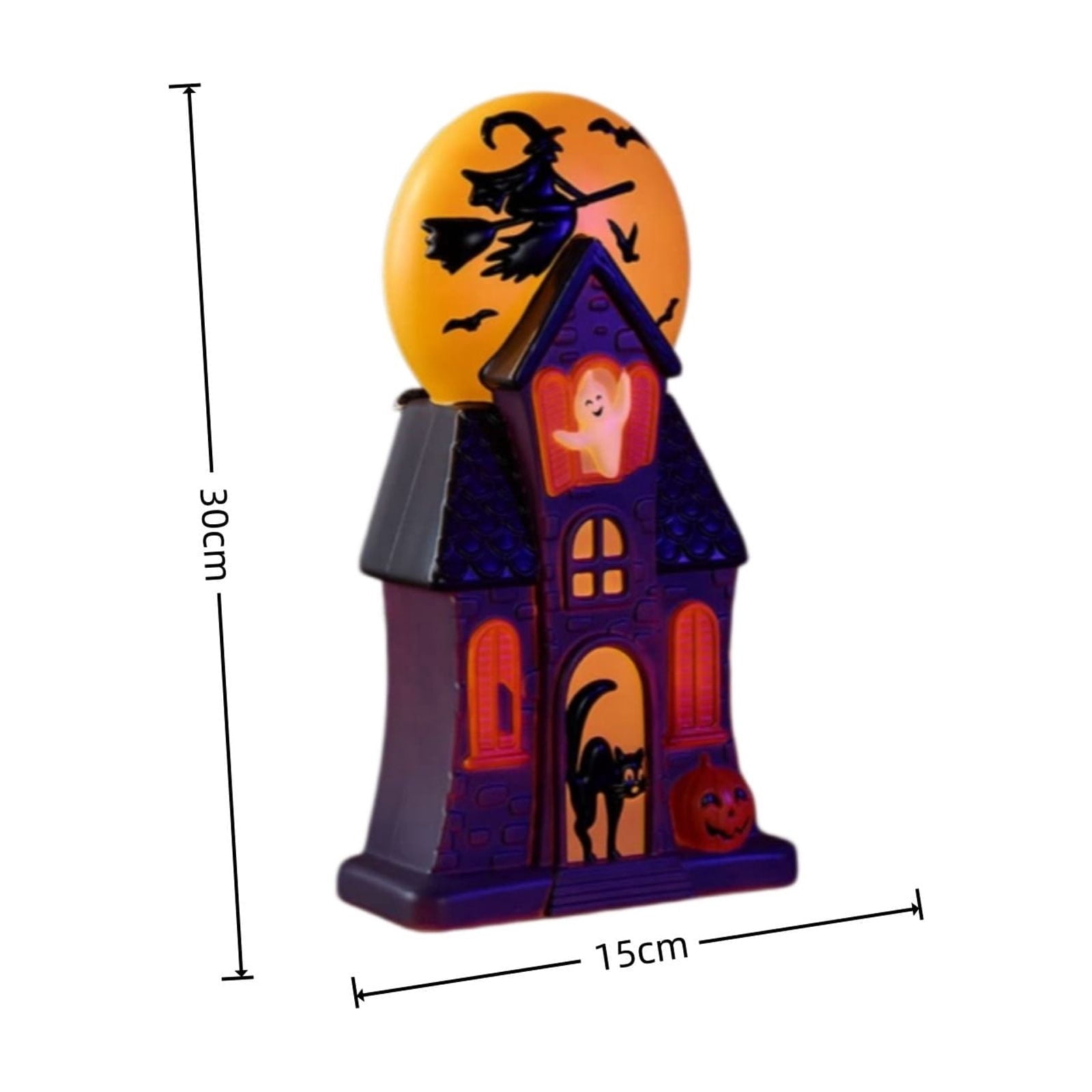 Halloween Haunted House Blow Mold Light, Resin Pre-Lit Spooky Mansion with Glowing Witch Moon, Ghost & Black Cat, Vintage Spooky House Lamp for Indoor Tabletop Outdoor Garden Decor