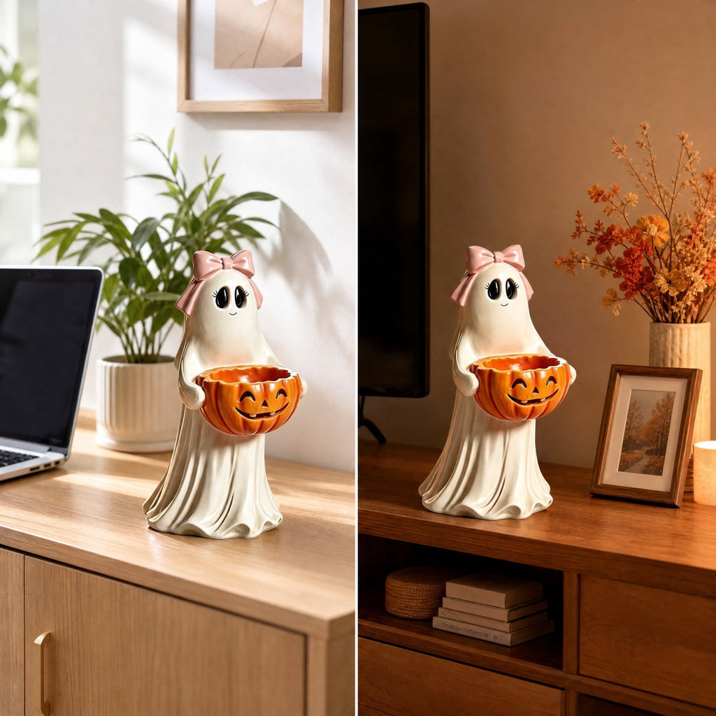 Clearance Halloween Ghost Resin Figurine with Black Cat & Pumpkin Candy Bowl 10“- Cute Spooky Tabletop Decor for Home Mantel, Shelf, and Indoor Fall Display
