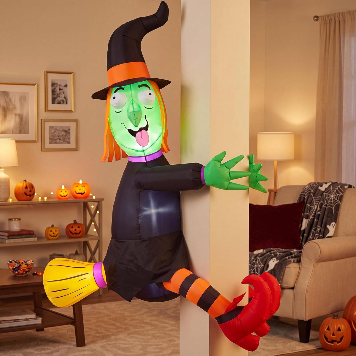 Joyfy 4 FT Halloween Inflatables Witch Crashing Into Tree,LED Lighted Blow Up Yard Decoration for Outdoor Garden Lawn Party Decor
