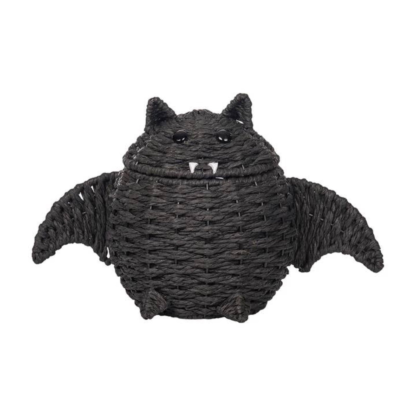Gomind Halloween Woven Bat Storage Basket 15.75"x10.63", Handcraft Rattan Bat Candy Bowl with Lid, Indoor Tabletop Decor Organizer