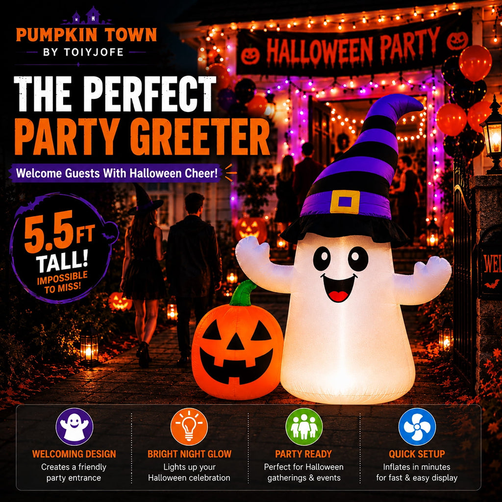 Toiyjofe 5.5 ft Halloween Inflatable Ghost with Pumpkin, LED Lighted Cute Halloween Yard Decoration for Porch, Lawn, Walkway & Party
