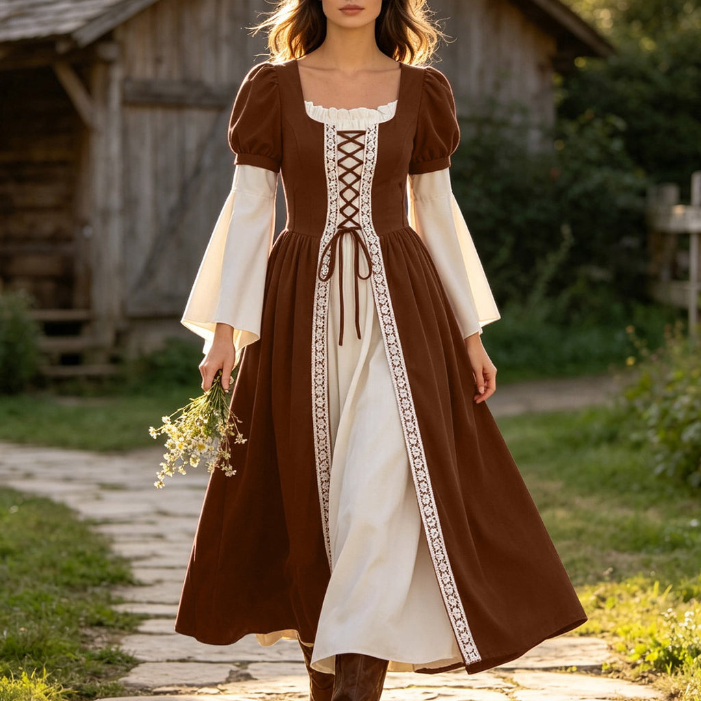Hurxie Renaissance Costume Women Peasant Medieval Dress Maxi Fairy Dresses with Bell Sleeve Vintage Ren Faire Outfit