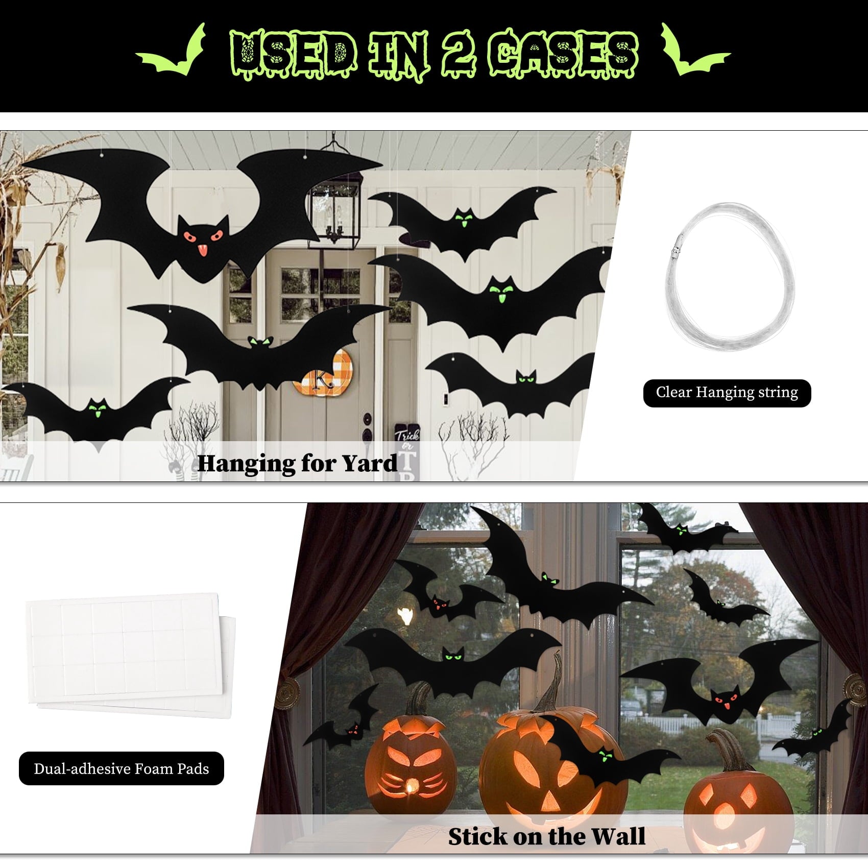 HiberyHom 24 Pack Hanging Bats Halloween Decorations Outdoor, Waterproof Black Plastic Bats 3 Different Sizes with Glowing Eyes Stickers, Bat Decorations Perfect for Halloween Hanging Tree Decor