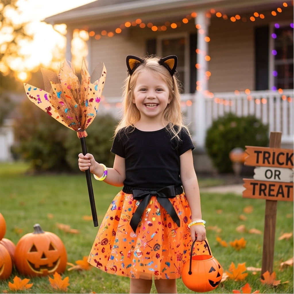choiix Witch Tutu Skirt and Hat Set with Broomstick Halloween Costume Outfit with Printed Tulle Skirt and Witch Hat Cosplay Outfit for Party 100