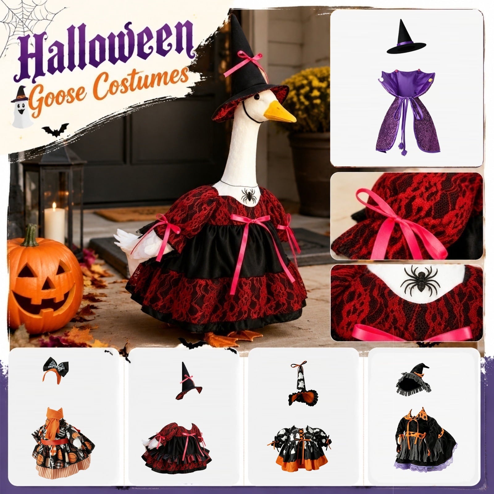 Bat Witch Hat Spiderweb Halloween Goose Clothes Fit 17/23In Cement Plastic Lawn Goose, Stylish Full Set for Outdoor Yard Patio Garden Seasonal Halloween Home Ornamental Arrangement