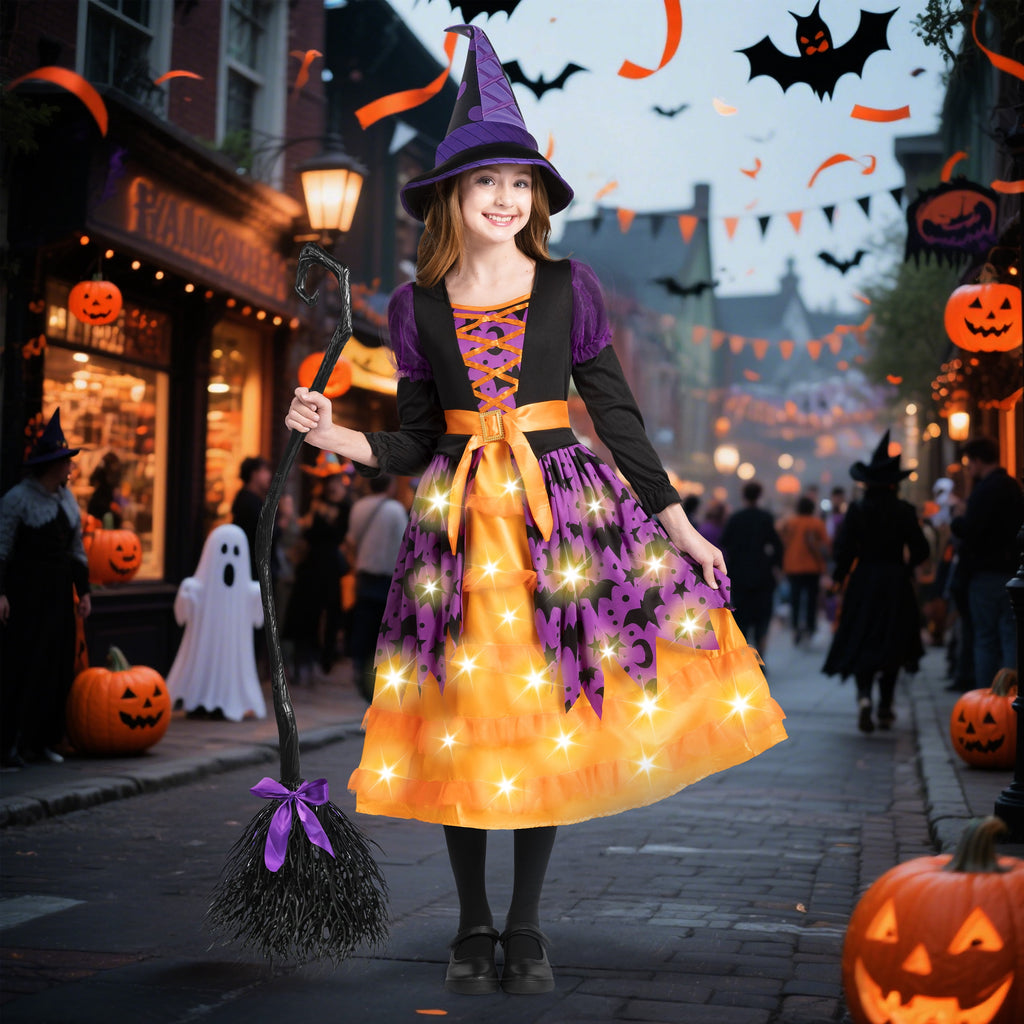 Joyfy Light up Witch Costume for Girls,Starry Witch Dress with Broom Hat for Kids and Toddlers, Perfect for Halloween Party Dress-up Cosplay Age 5-7