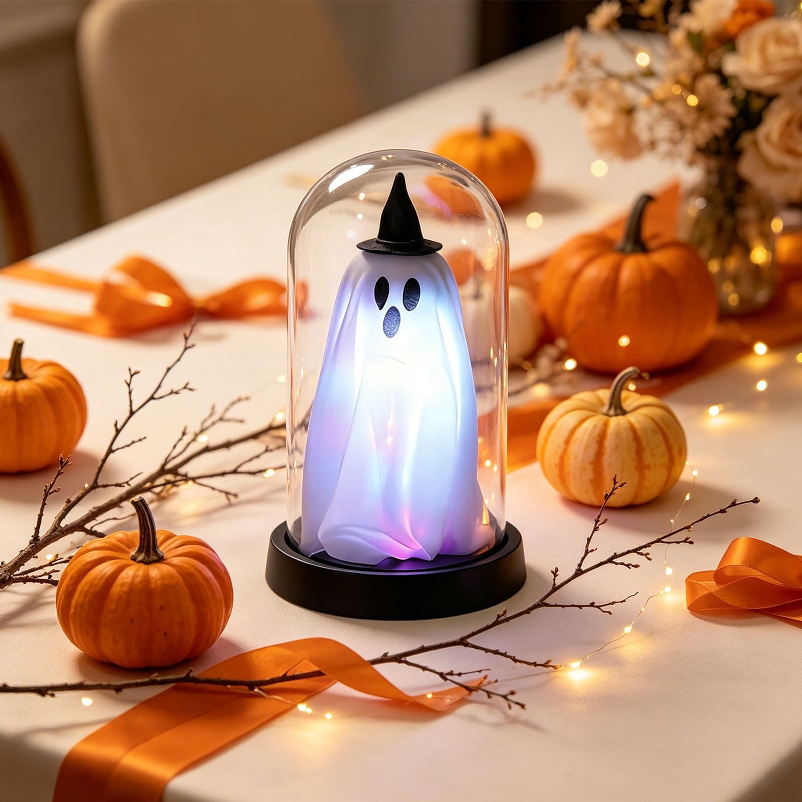 Darzheoy Halloween Decoration Ghost Cloche Lamp, with 3 Mini Figurines, Halloween Ghost Spooky, White Warm Glow, 1 Count