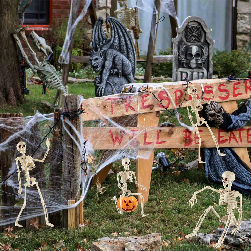 Yalumo Skeleton Halloween Decorations, 4 Pack 16” Full Body Posable Skeleton with Movable Joints, Small Plastic Skeleton Props for Haunted Houses, Graveyards, Yards, Spooky Party Indoor Outdoor Decor