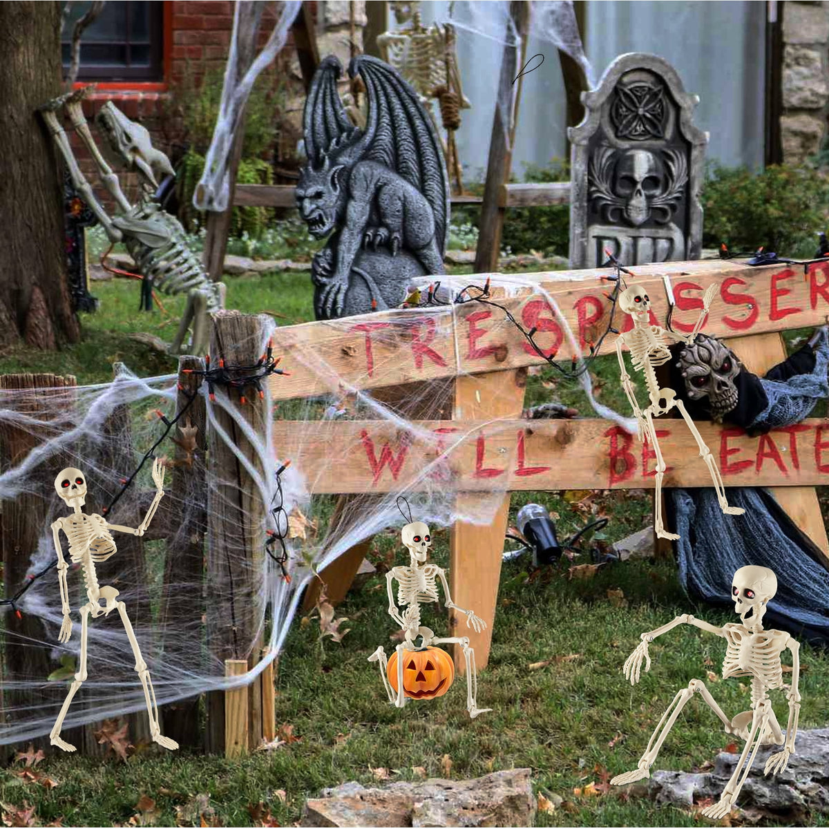 Yalumo Skeleton Halloween Decorations, 4 Pack 16” Full Body Posable Skeleton with Movable Joints, Small Plastic Skeleton Props for Haunted Houses, Graveyards, Yards, Spooky Party Indoor Outdoor Decor