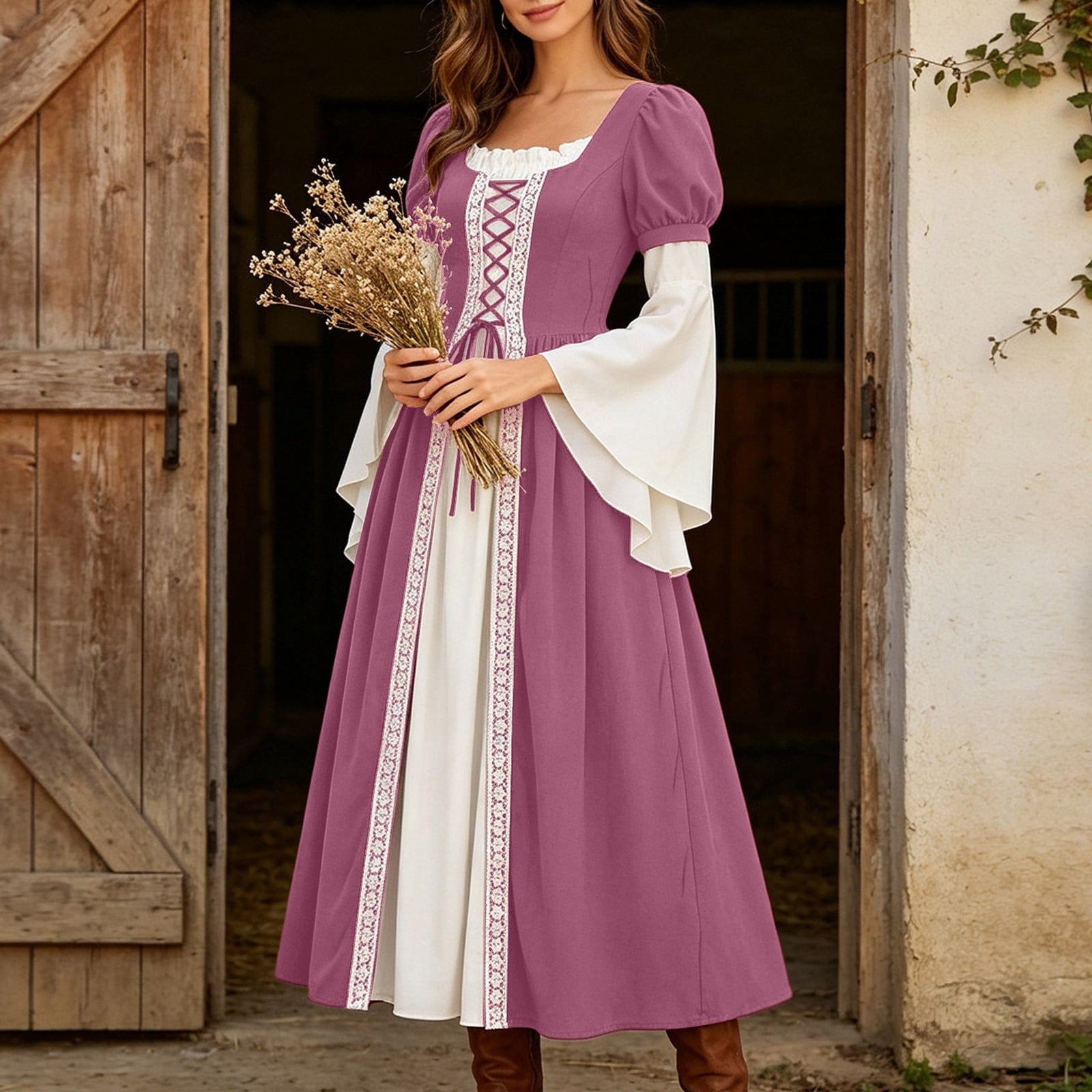 Hurxie Renaissance Costume Women Peasant Medieval Dress Maxi Fairy Dresses with Bell Sleeve Vintage Ren Faire Outfit