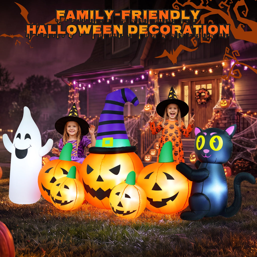 Yexmas 8 FT Long Halloween Inflatable Ghost with Witch Hat, 6 Pumpkins Halloween Blow Ups with Black Cat for Halloween Party Outdoor Yard Garden Lawn Decor