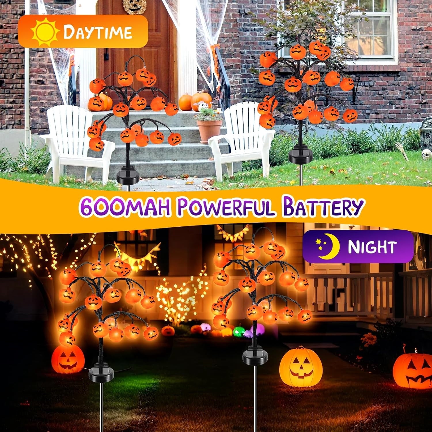 Qoosea 2 packs 40 LEDs Solar Halloween Pumpkin Stake Lights, 2 Modes Outdoor Waterproof Halloween Decorations, Solar Halloween Lights Stakes for Garden Yard Pathway