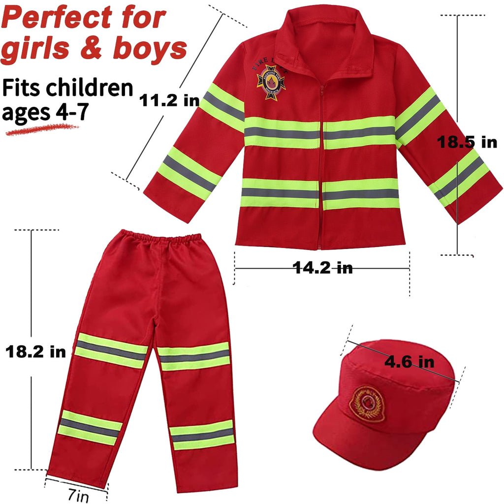 8Pcs Red Kids Fireman Costume Dress-up Set Pretend Role Play Firefighter Realistic Outfit Kit Gift Toys for Boys 3-6 Years Toddler Birthday Christmas Present
