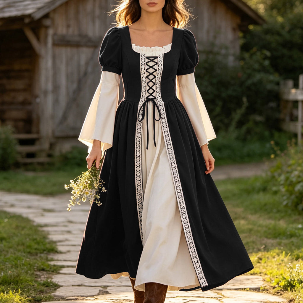 Hurxie Renaissance Costume Women Peasant Medieval Dress Maxi Fairy Dresses with Bell Sleeve Vintage Ren Faire Outfit