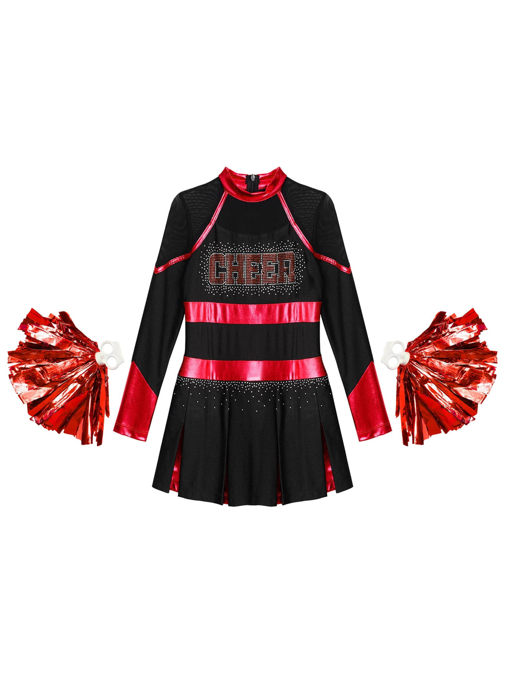 YEAHDOR Cheer Team Uniform for Schoolgirls Cheerleading Outfit Carnival Masquerade Costume Dress with Hand Flower Balls Black&Red 14