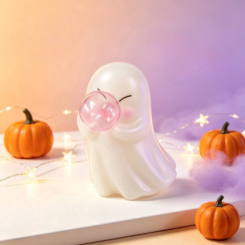 Cute Reading Ghost in Teacup Figurine, Resin Ghost Statue with Pink Bow Heart Floral Cup, Table Centrepiece Tiered Tray Desk Shelf Decor, Small Halloween Decorations, 4.5 Inch