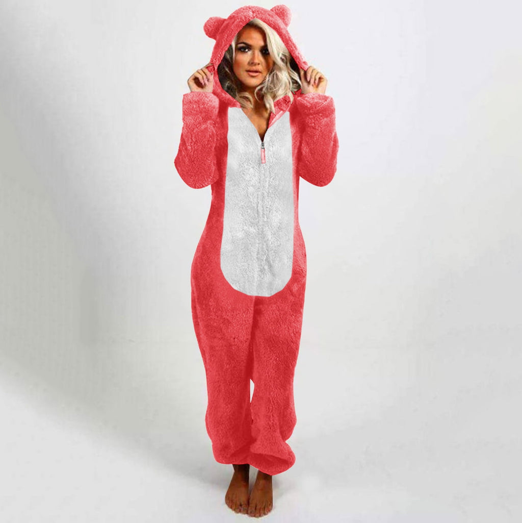 QATAINLAV Sherpa Fleece Jumpsuit for Women Winter Warm Fuzzy Onesie Pajamas Cute Cat Hooded Romper Casual Zip Up Overalls Sleepwear Black XL