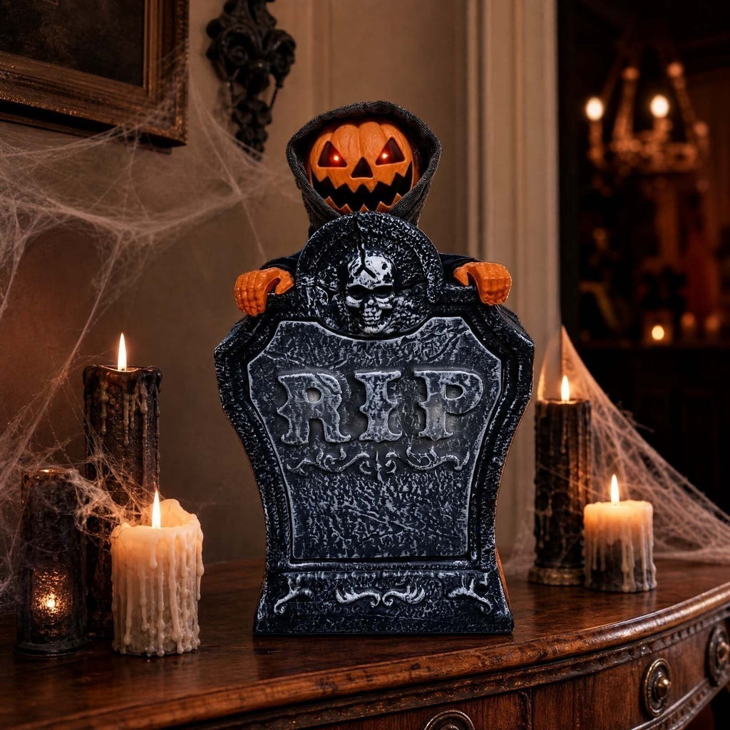 Roiihwy Halloween Animated Tombstone With Voice Activated Rising Skeleton And Pumpkin, B