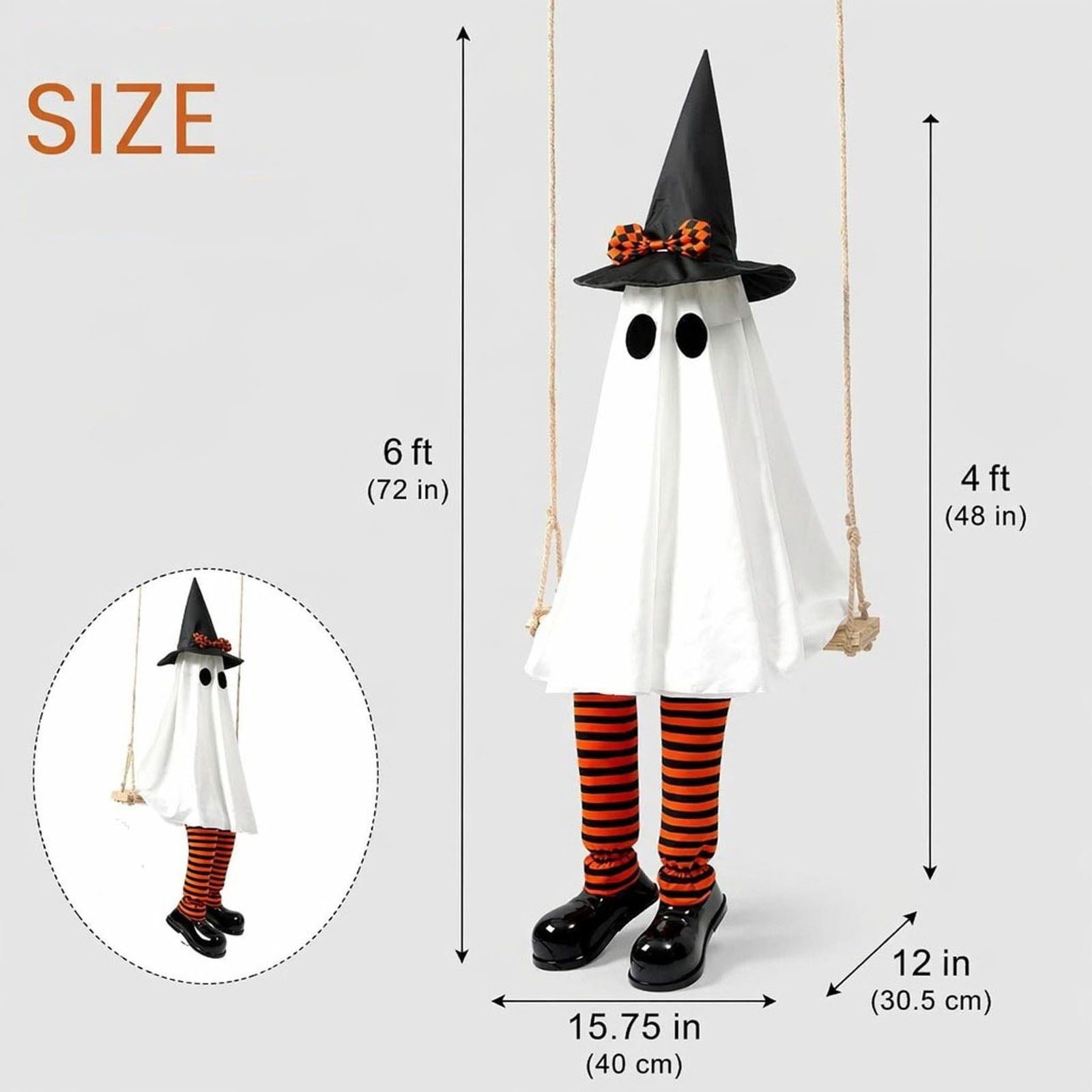 Clearance 5 FT Hanging Ghost Decor,Early Halloween Decorations Light-Up Flying Ghost on Broomstick with Witch Hat, Witch Broom, Spooky Cute Outdoor Halloween Decorations for Front Porch Yard Tree